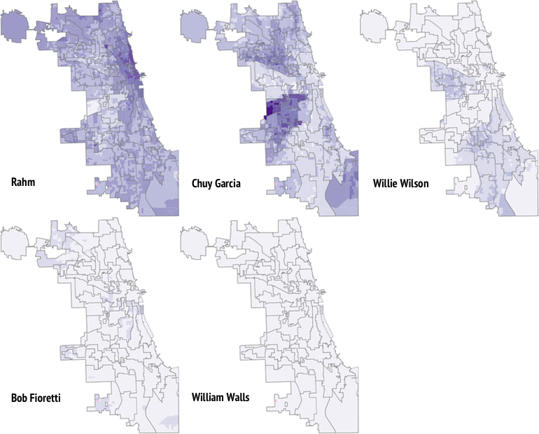 Side-by-side maps of Chicago mayoral election results